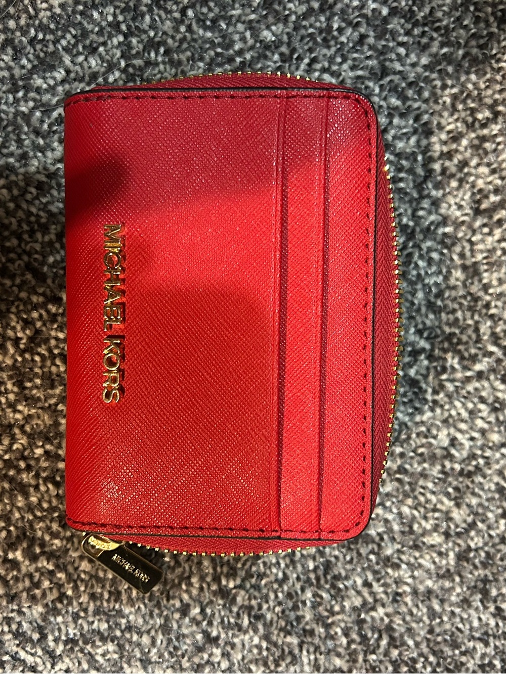 Michael Kors Red Saffiano Zip Card Case with Gold Hardware